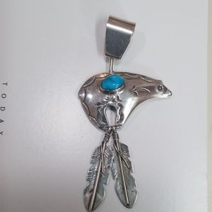 Silver and Turqoise Bear and Feather Pendant